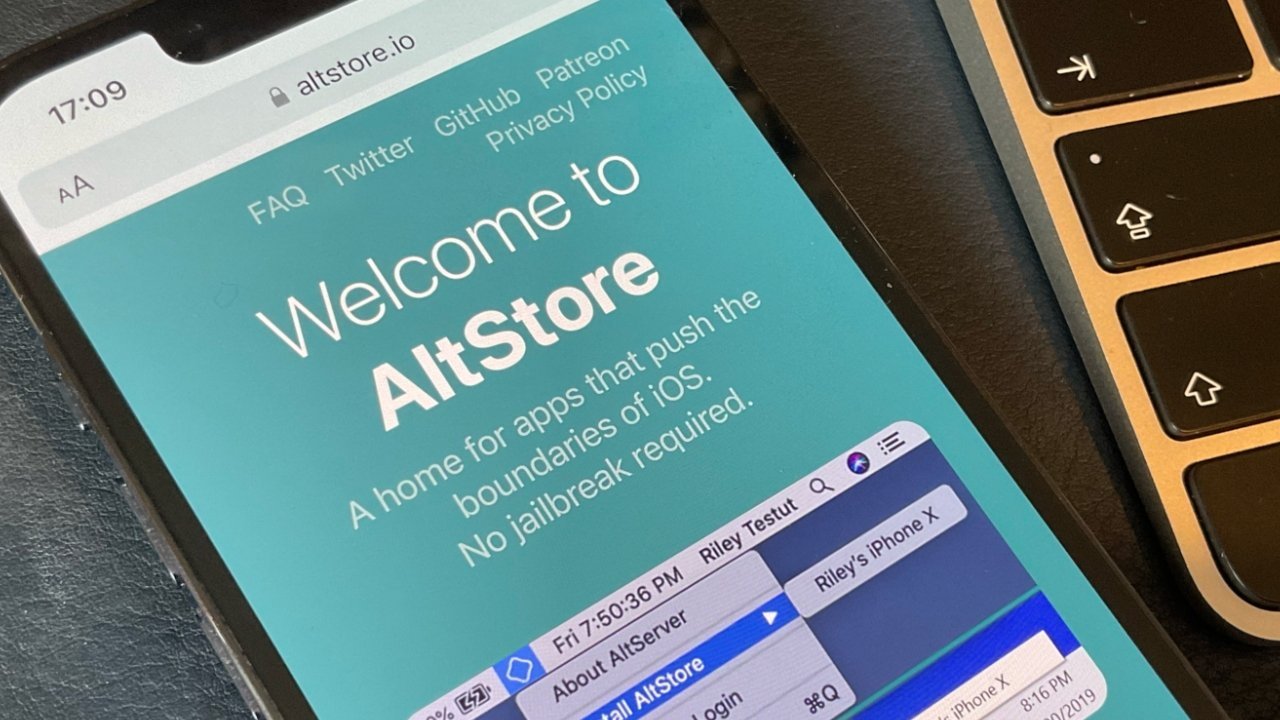 iPhone screen showing Welcome to AltStore, a home for apps that push the boundaries of iOS. No jailbreak required, next to a laptop keyboard.