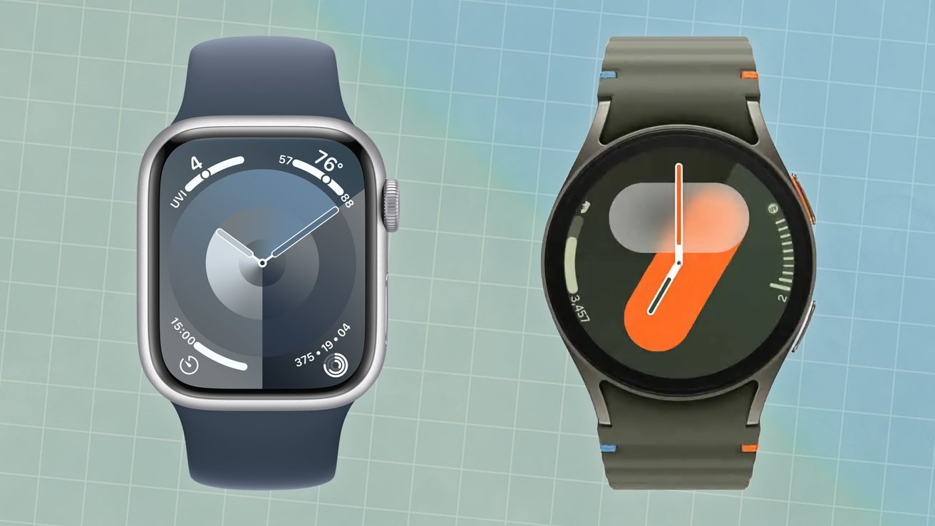 Two smartwatches with different designs and displays; one has a rectangular face, the other a round face, both shown on a light blue grid background.