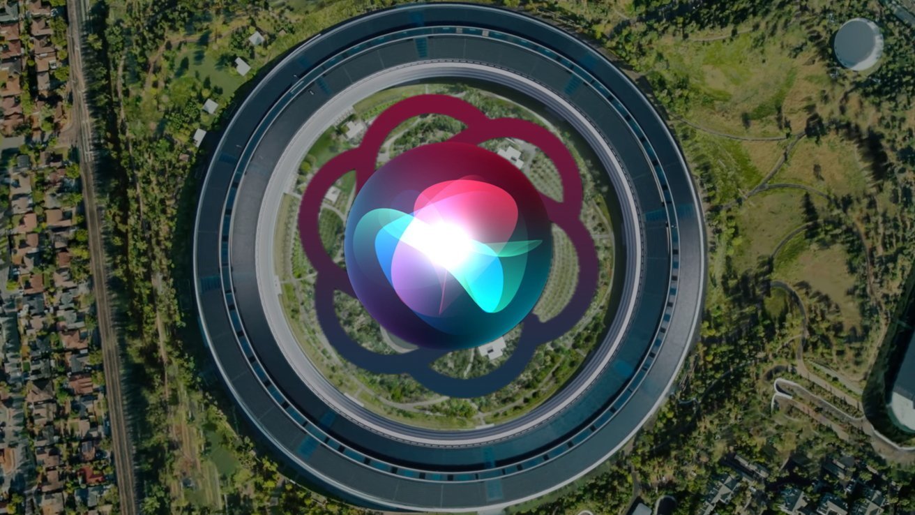 Aerial view of a circular building surrounded by greenery, with a colorful, illuminated sphere and abstract shapes overlayed in the center.