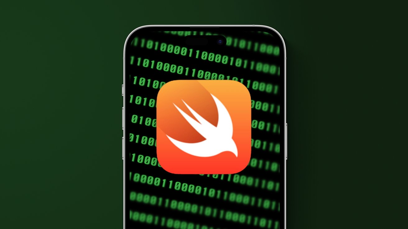 An iPhone with green binary code in the screen and a Swift logo