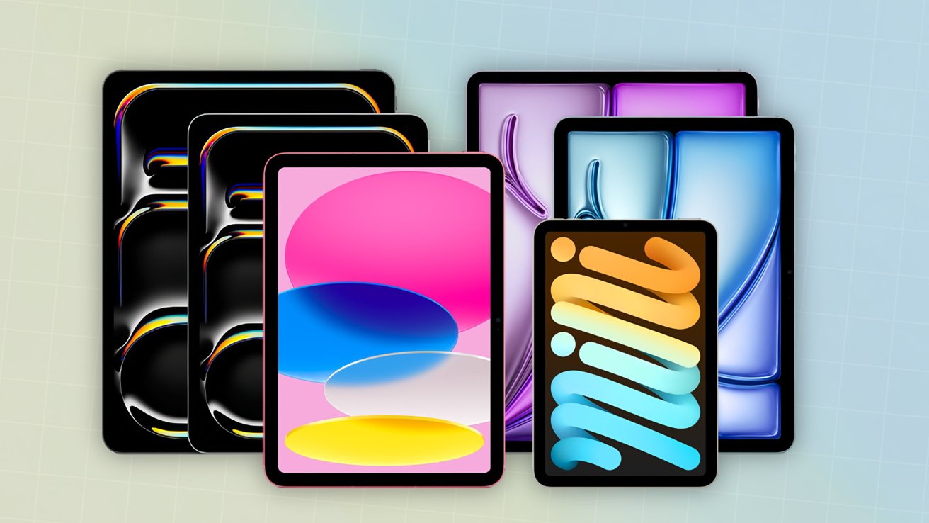 Collection of various colorful tablets with unique abstract backgrounds, overlapping each other on a light grid backdrop.
