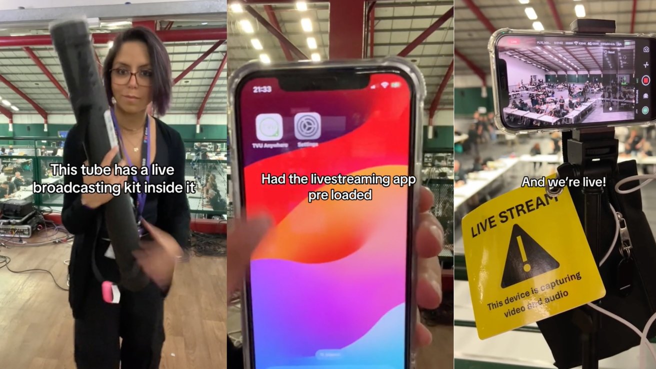 Three scenes: person holding a tube, phone showing a live streaming app, and phone on a tripod with a 'LIVE STREAM' sign.