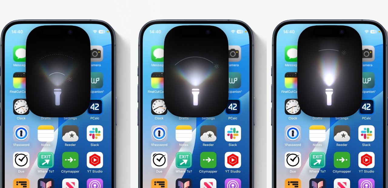 Three smartphones display apps and a screen brightness slider with a flashlight icon.