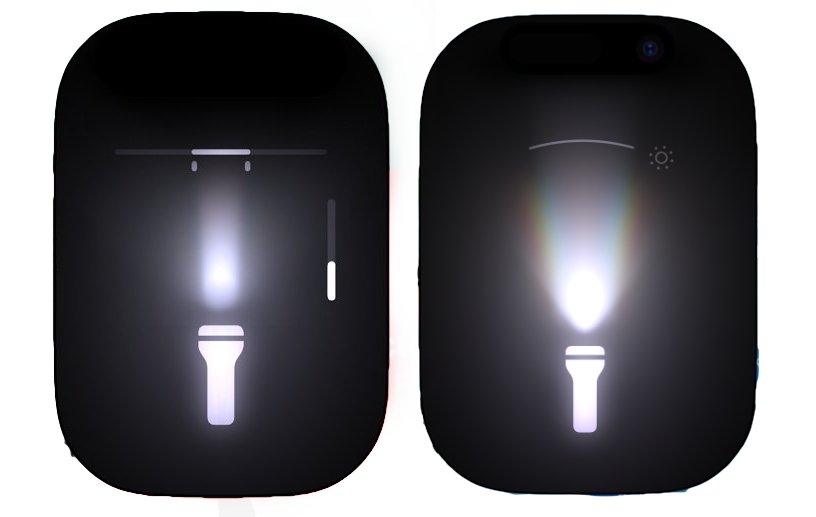 Two black smartwatches show flashlight icons, with one brighter than the other.