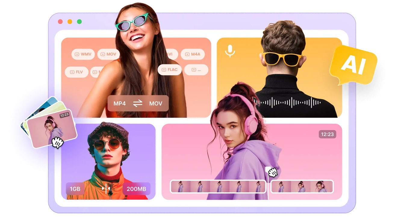 Colorful set of four images on a webpage showing diverse people, icons representing video formats and file sizes, with overlays of durations, file sizes, and AI text bubble.