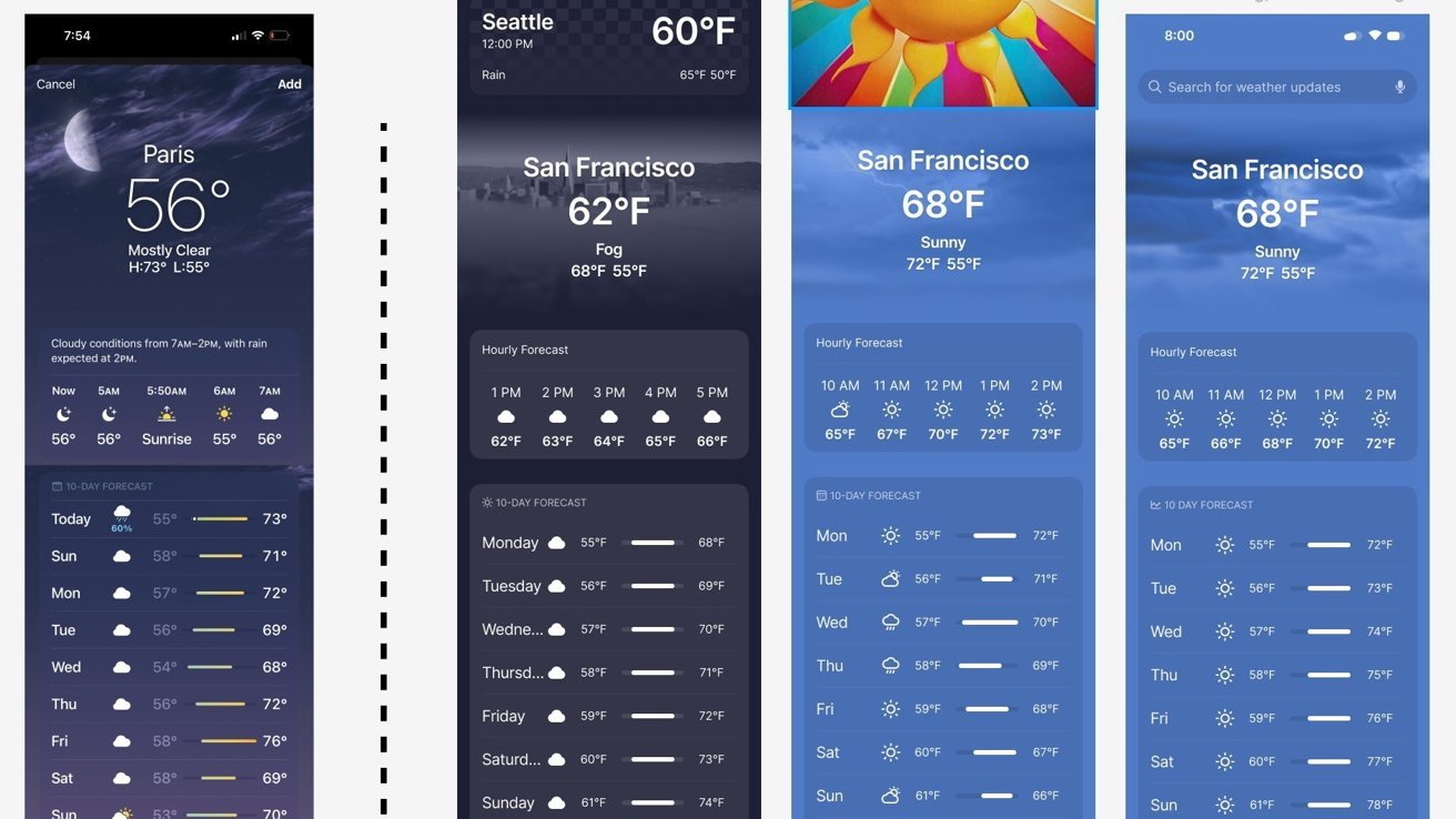 Weather application screenshots showing weather forecasts for Paris, Seattle, and San Francisco, including hourly and 10-day forecasts with temperatures, conditions, and icons.