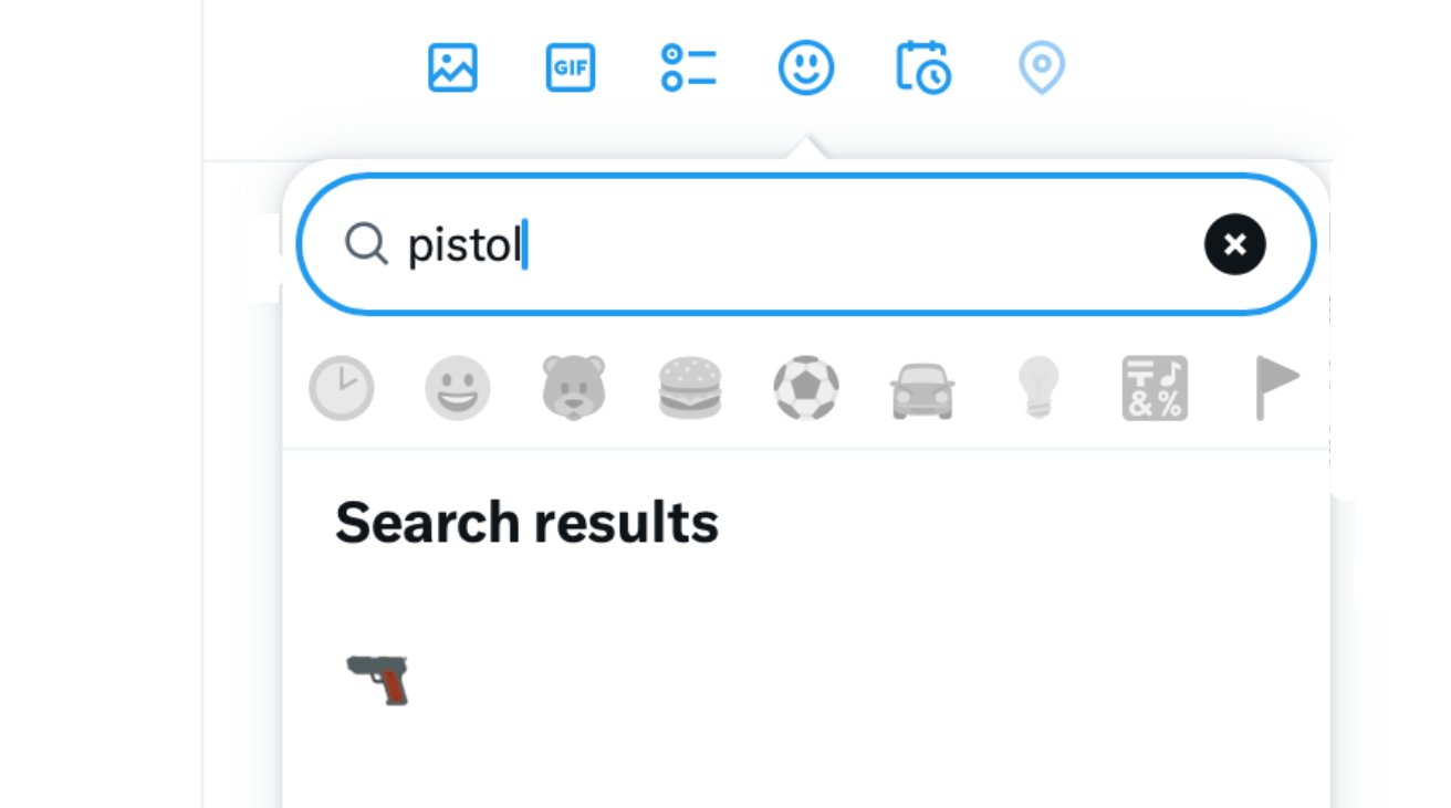 Search bar with 'pistol' typed in and a pistol emoji visible in search results below. Various icons shown at the top.