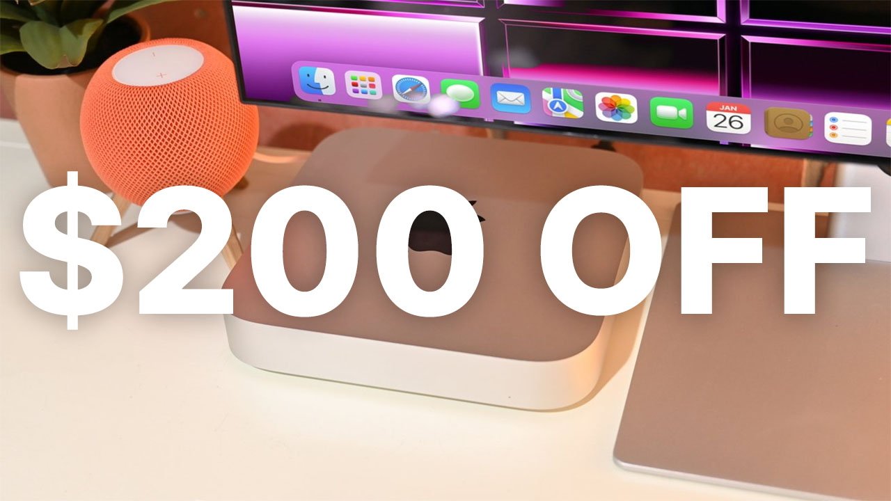 Mac mini desk setup, an orange HomePod mini speaker, and bold $200 off text overlaid over the image.