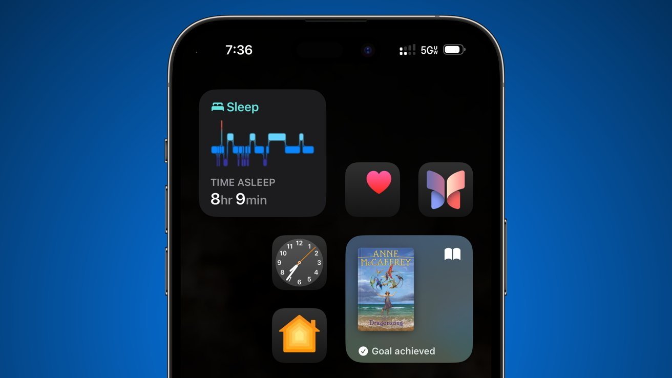 Smartphone screen displaying sleep data, heart icon, butterfly icon, clock, home icon, and a book cover with the title Dragosong by Anne McCaffrey.
