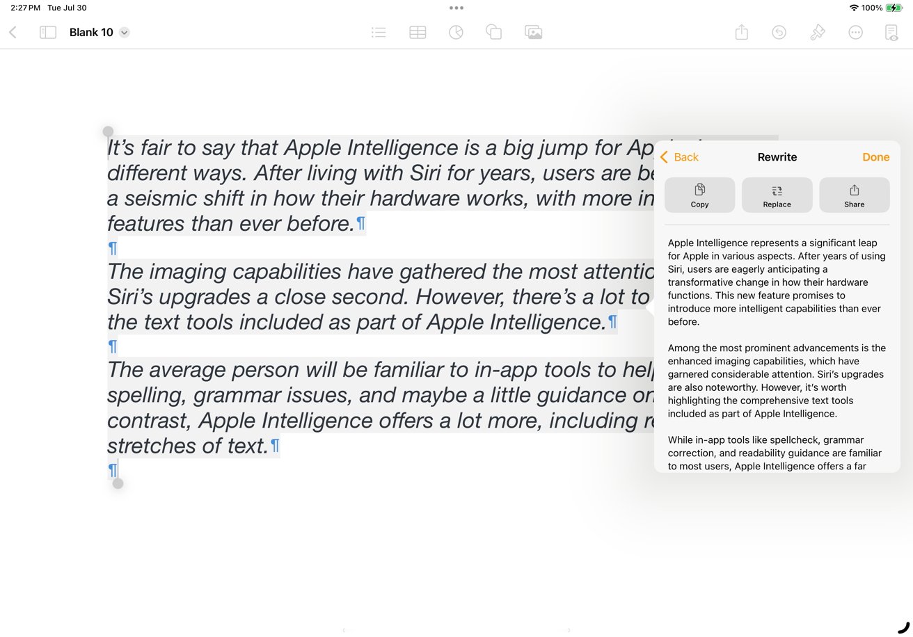 A digital document editor shows paragraphs of text about Apple Intelligence and a sidebar suggesting text rewrites. The editor interface includes text formatting tools.