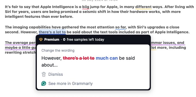 Grammarly suggestion popup to change a sentence from 'there's a lot to' to 'much can' in a text editor.