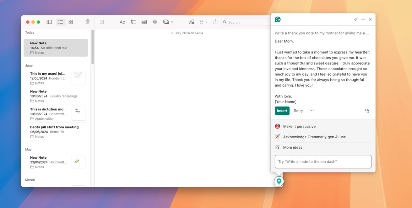 Note-taking application with a list of notes on the left and a Grammarly window on the right, suggesting a thank you note to Mom. Background features a gradient color.