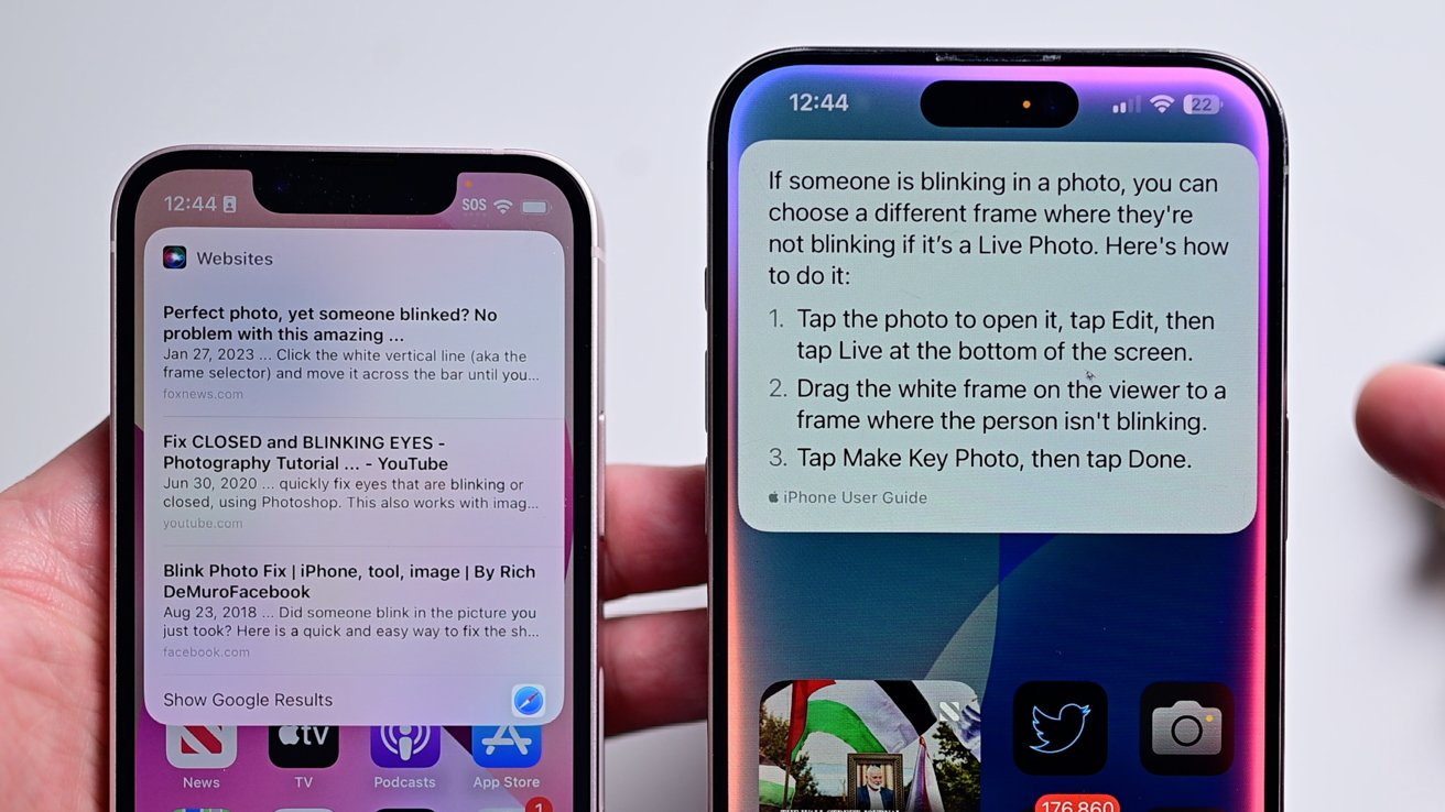 Two phones on a white table with the left showing web results for blinking in photos with the right shows apple intelligence and detailed instructions on how to fix