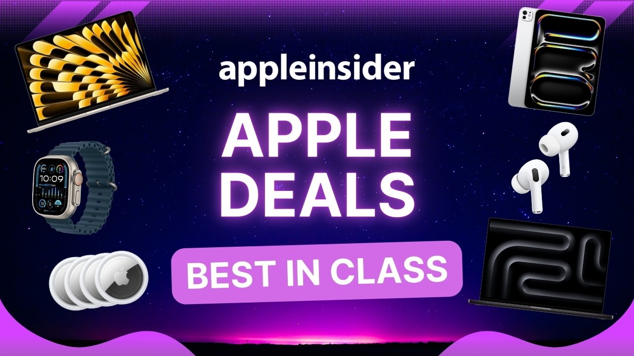 Apple Deals promotional banner featuring a MacBook, iPad Pro, Apple Watch Ultra, AirPods, AirTags, and text 'Best in Class' against a starry, purple sky background.