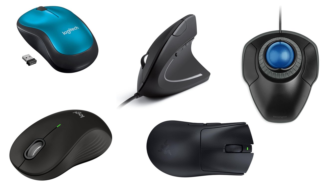 Five different computer mice are displayed: a blue wireless mouse, a vertical ergonomic mouse, a trackball mouse, a black wireless mouse, and a black gaming mouse.