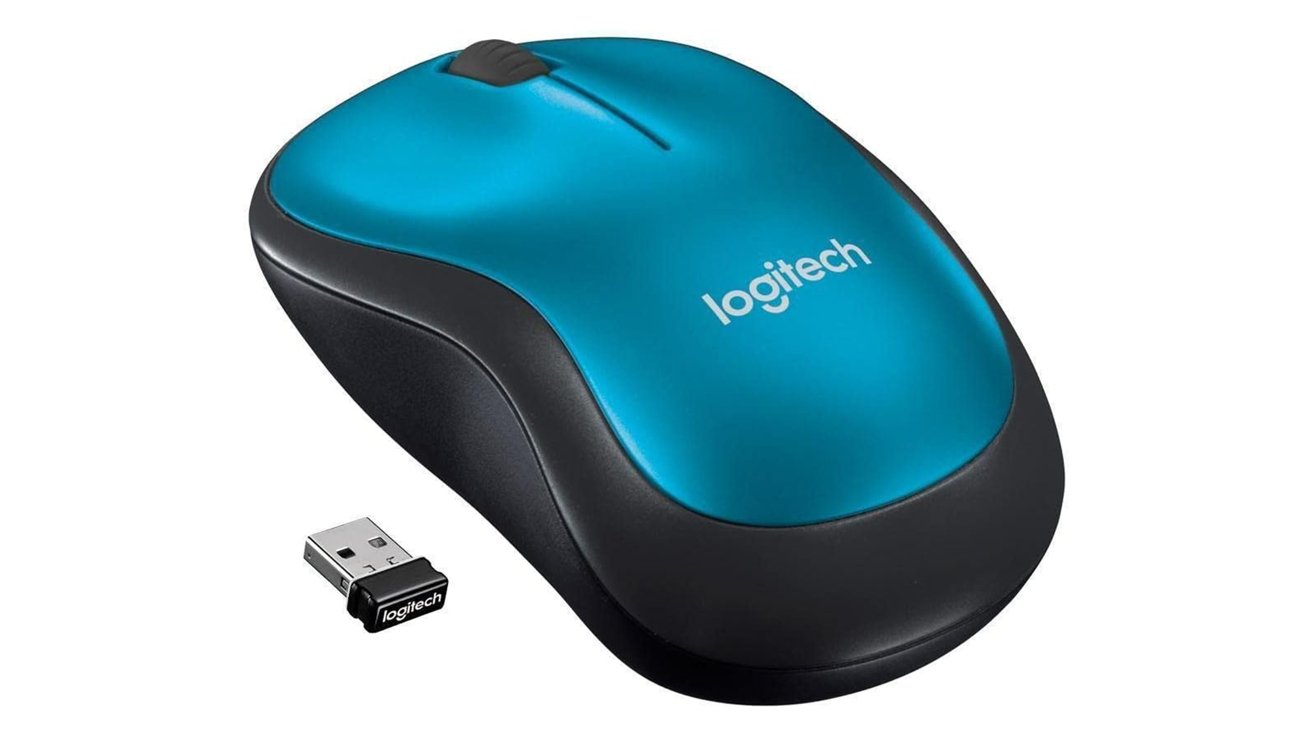 Wireless computer mouse with a blue top and black sides alongside a small USB receiver.