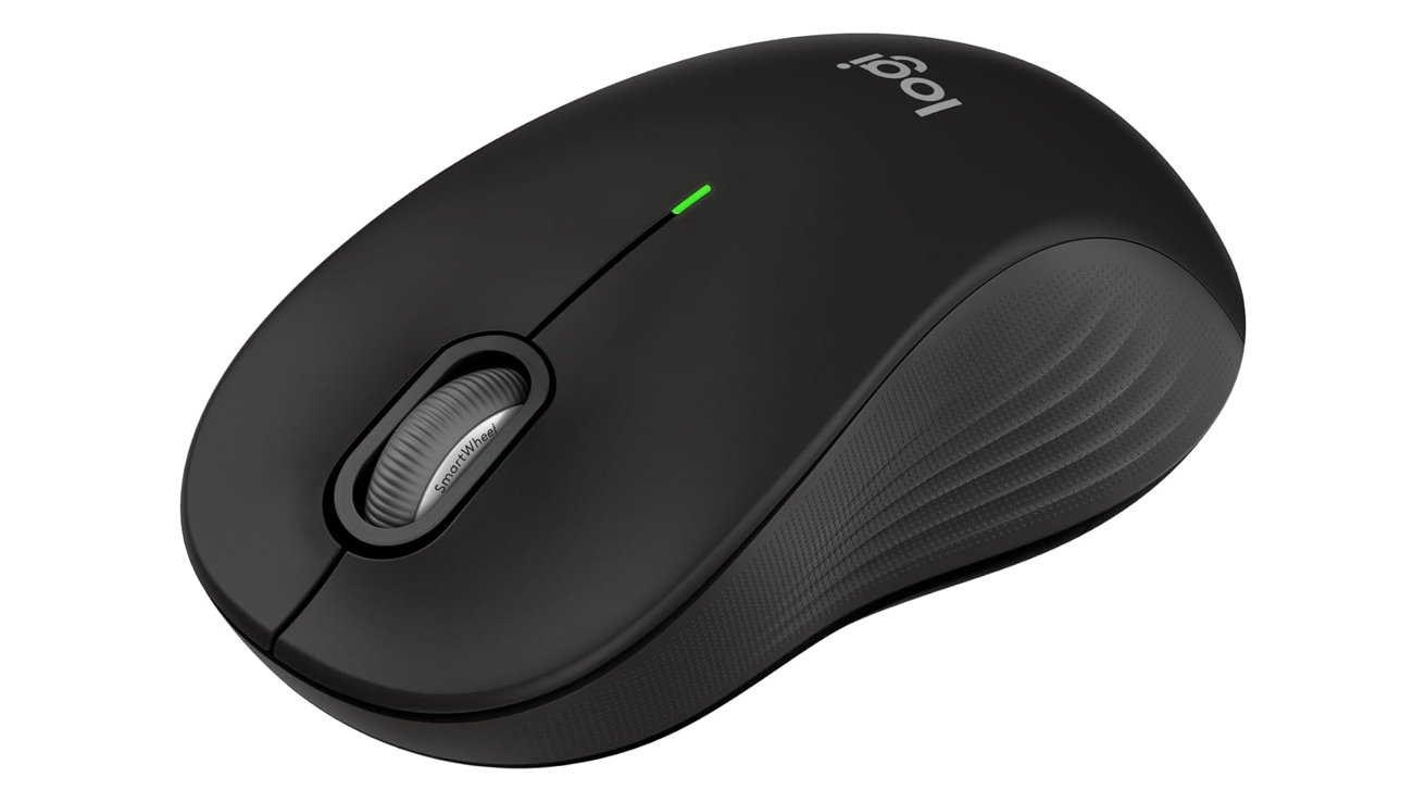 A black ergonomic computer mouse with a scroll wheel and a small green light on top.