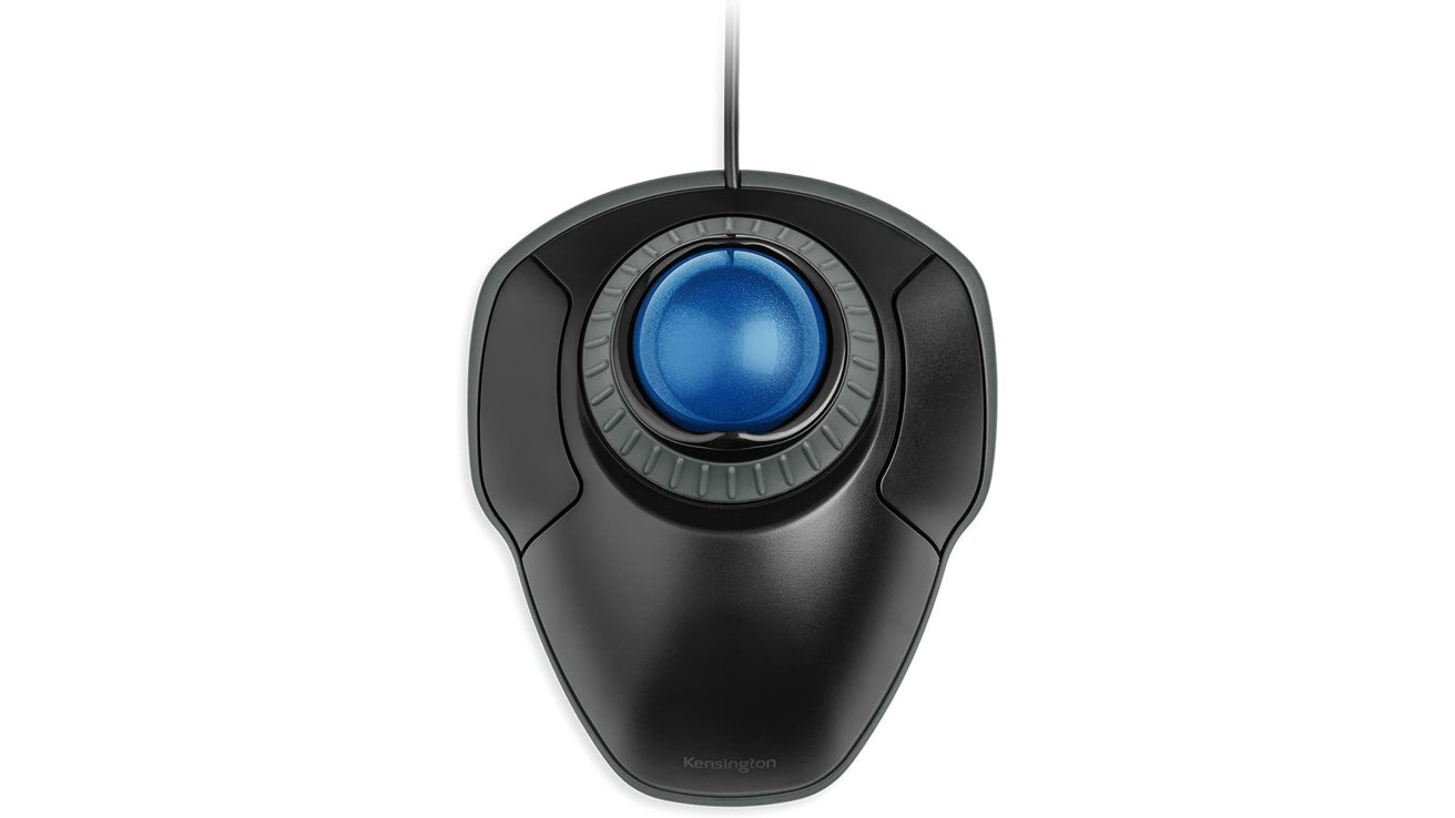 Black ergonomic trackball mouse with a large blue spherical ball in the center and wired connection.