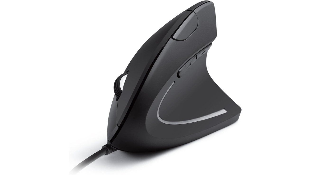 Ergonomic vertical computer mouse with a black matte finish and a wired connection.