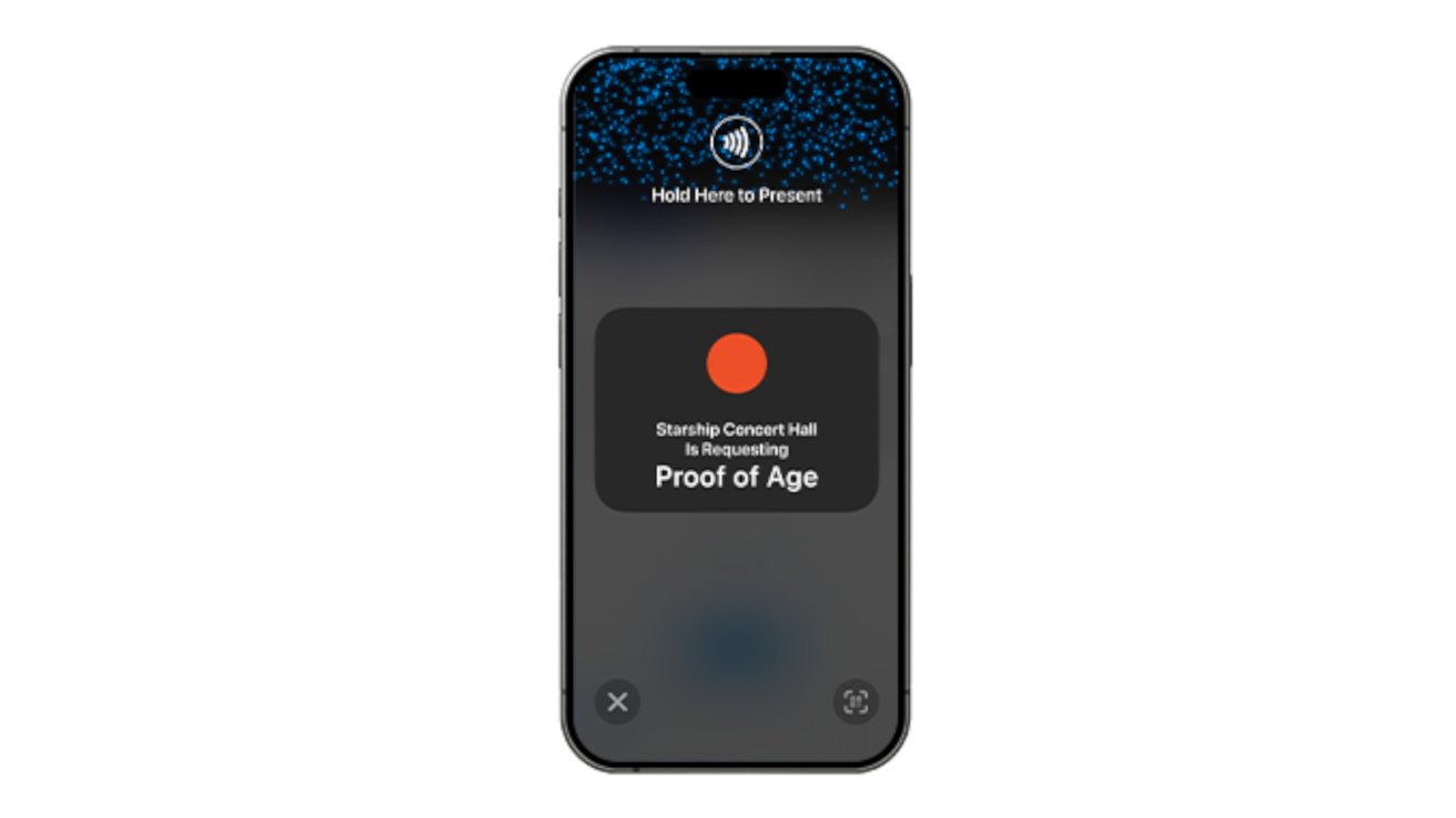 Smartphone screen with a notification from Starship Concert Hall requesting proof of age, featuring a red dot and tap-to-present instructions at the top.