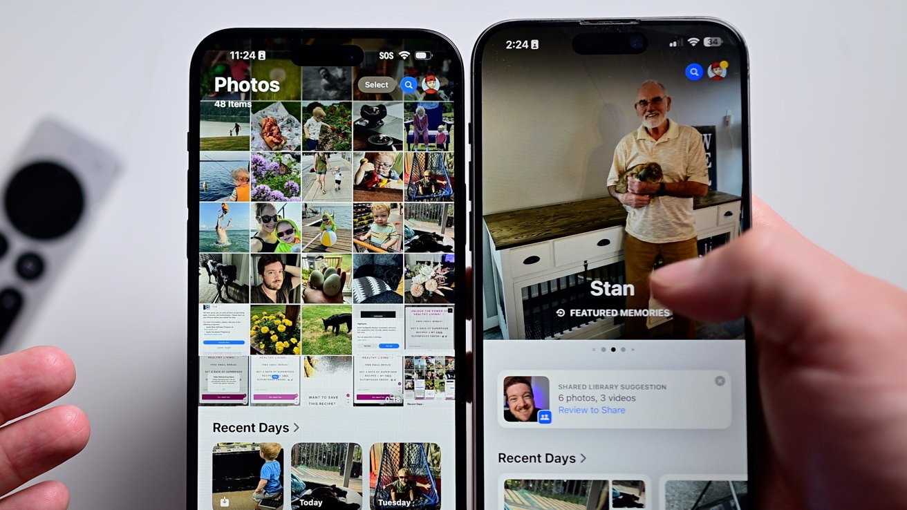 Two iPhones on a white table showing the new photos app on the left and the old version on the right, with the left image showing a grid of photos on top compared to the old featured image