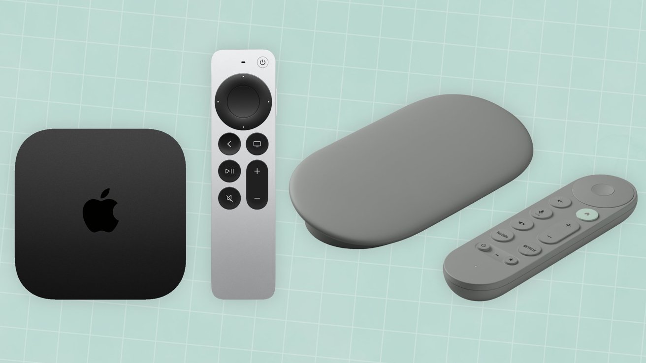 Black Apple TV box, silver remote, gray oval streaming device, and gray remote on a light blue grid background.