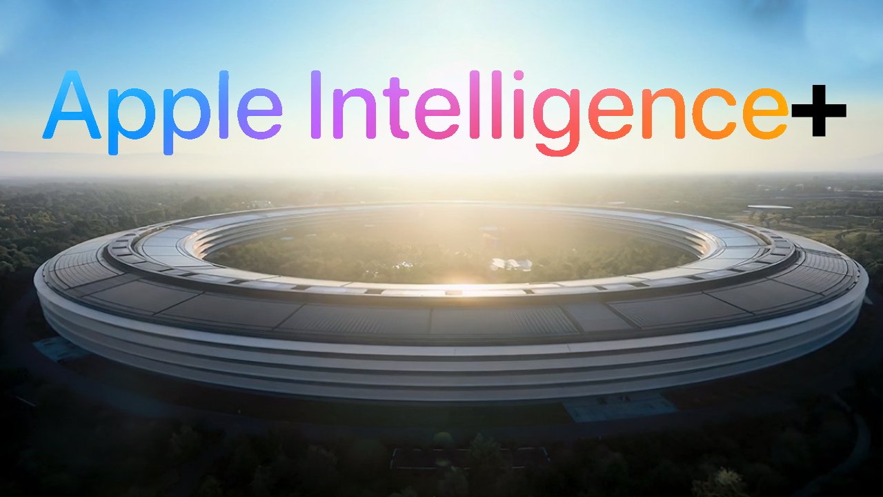 Aerial view of Apple's circular headquarters with the words Apple Intelligence+ over the building, bathed in sunlight.