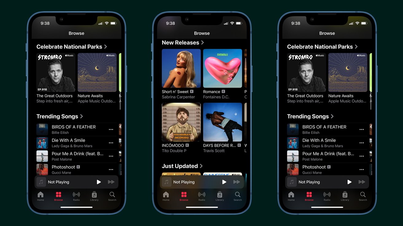 Three mobile screens displaying music apps with sections for trending songs, new releases, and celebrating national parks.