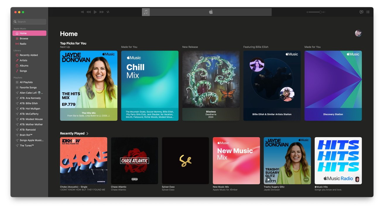 Apple Music interface displaying playlists, top picks, and recommendations. Left sidebar shows Home, Browse, Radio, Library, and Playlists. Main screen features album covers and music mixes.