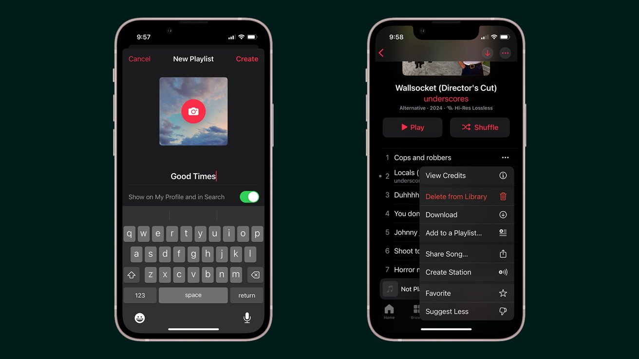 Two smartphones display music apps: the left shows 'New Playlist' creation, the right offers options for a selected song, including play, shuffle, and delete from library.