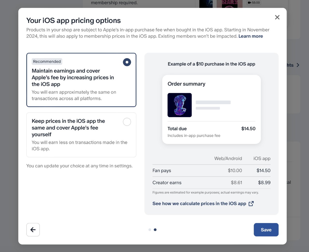 iOS app pricing options, includes option to cover Apple's fee by increasing prices, or keep prices same and earn less. Example: $14.50 for $10 purchase. Save button at bottom.