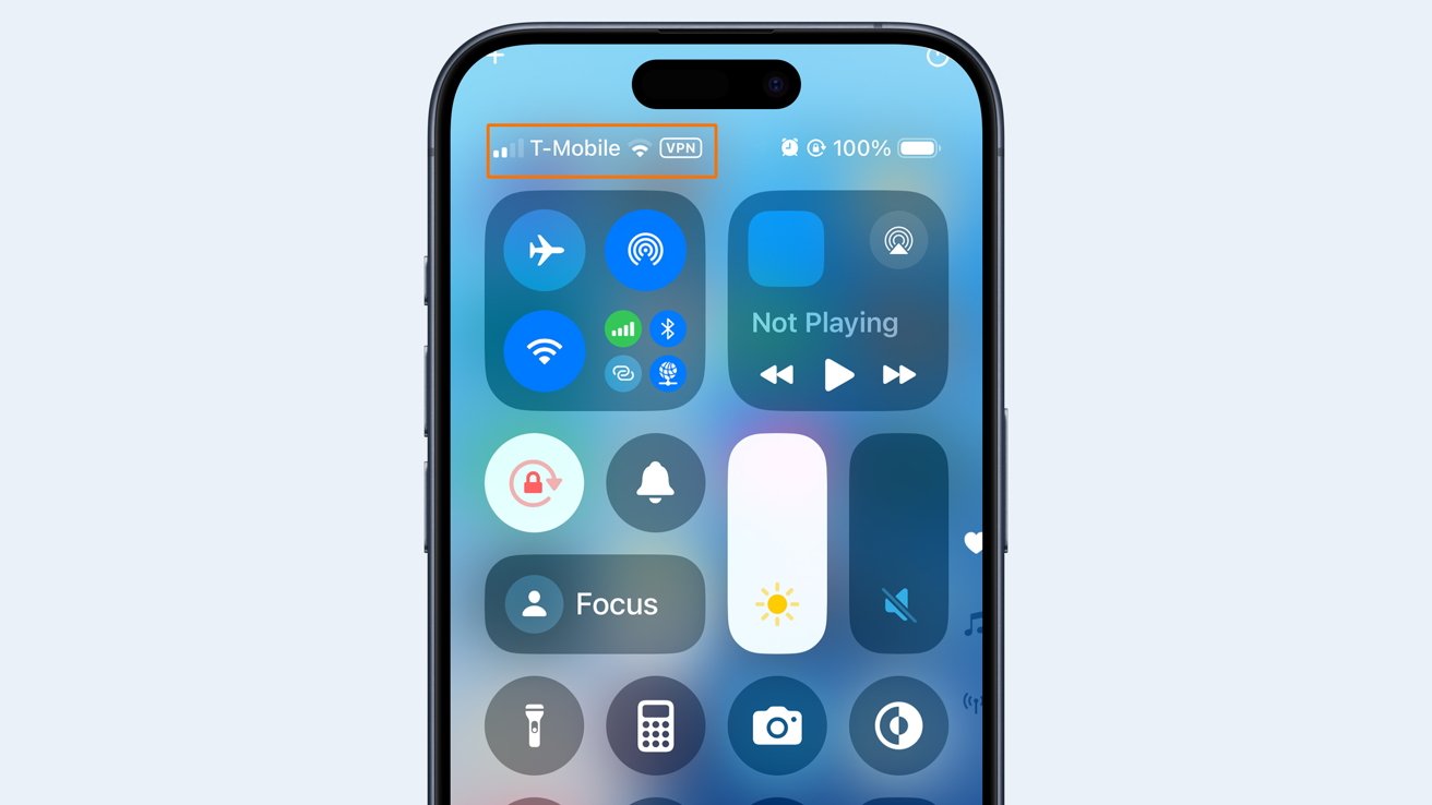 Smartphone control center showing various settings icons including Wi-Fi, Bluetooth, airplane mode, volume, brightness, Focus mode, flashlight, calculator, and camera.one