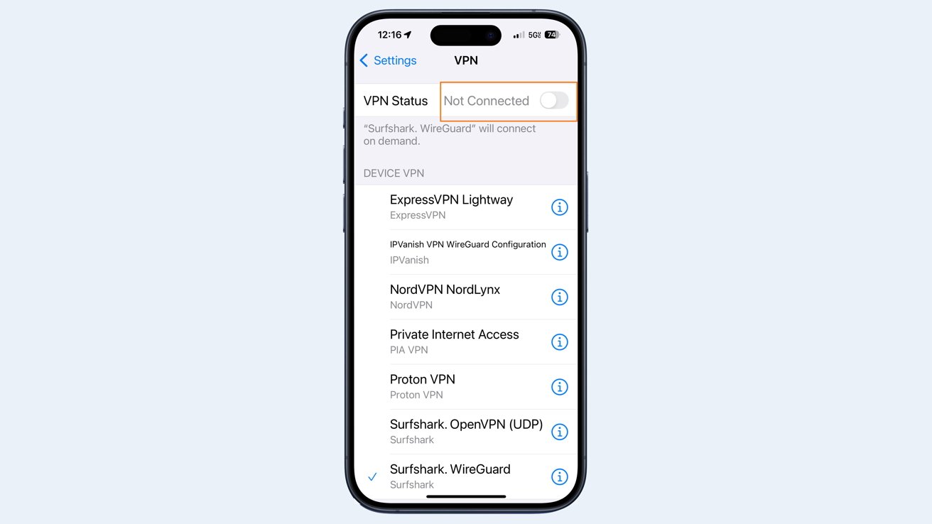 iPhone displaying VPN settings with multiple VPN options listed, such as ExpressVPN, NordVPN, Proton VPN, and Surfshark. VPN status is shown as 'Not Connected.'