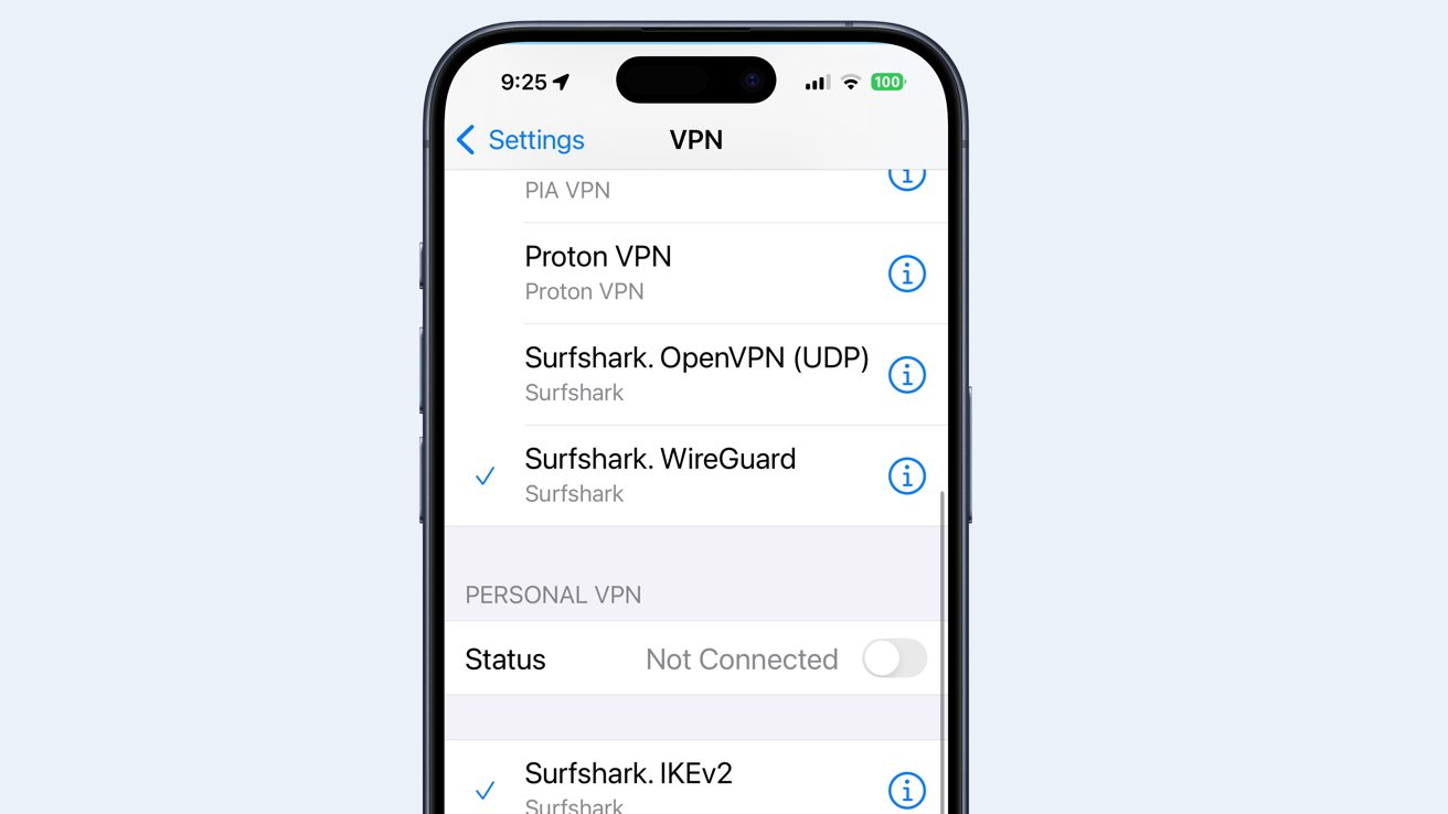 iPhone screen showing VPN settings with options like Proton VPN, Surfshark OpenVPN, Surfshark WireGuard, and status set to not connected.en sh