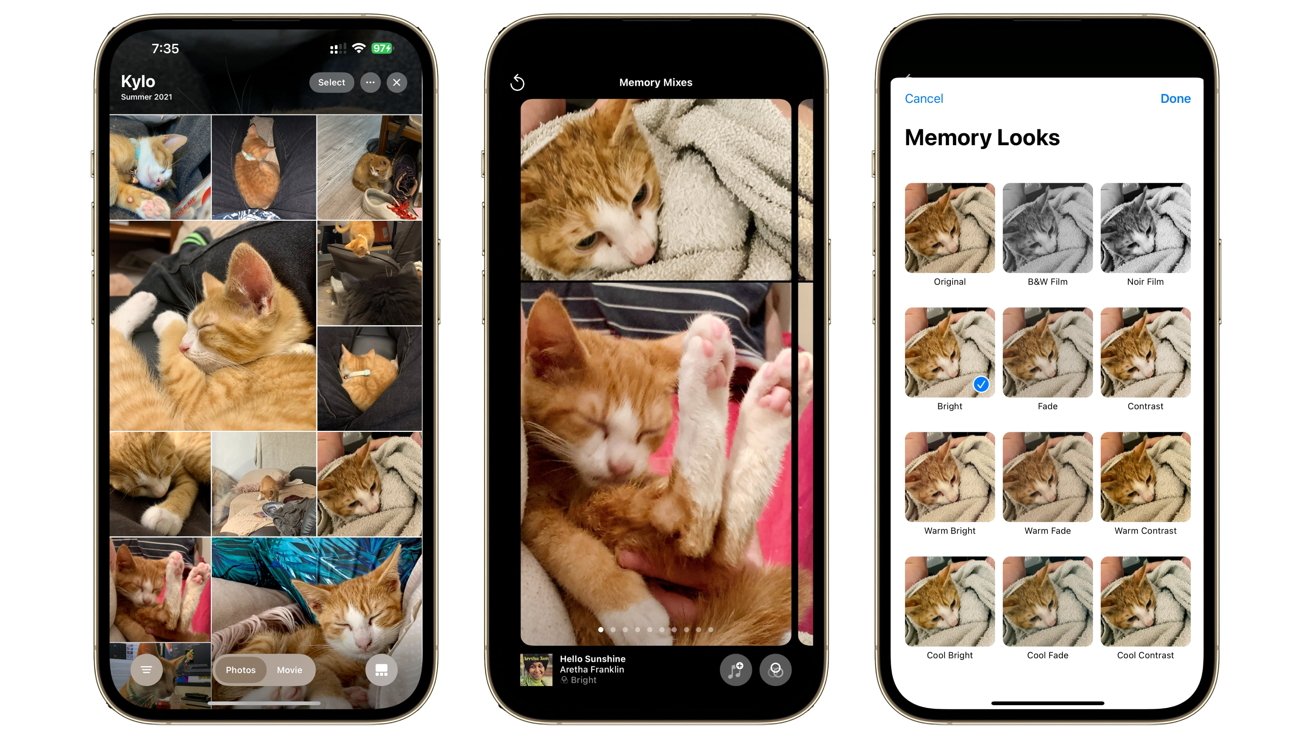 Three smartphone screens showing photo album of a ginger cat named Kylo, editing tools, and various color filters.