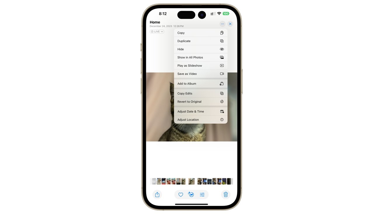 Smartphone screen displaying photo options menu overlay, partially obscuring an image of a cat. Visible options include copy, duplicate, hide, slideshow, save, and adjustments.