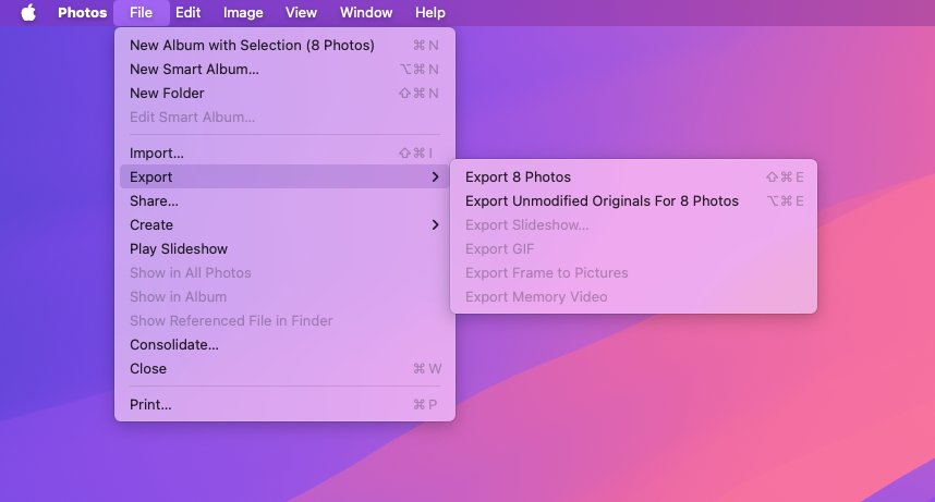 MacOS Photos app menu displaying options to create an album, import, export, share, create, play slideshow, consolidate, close, and print.