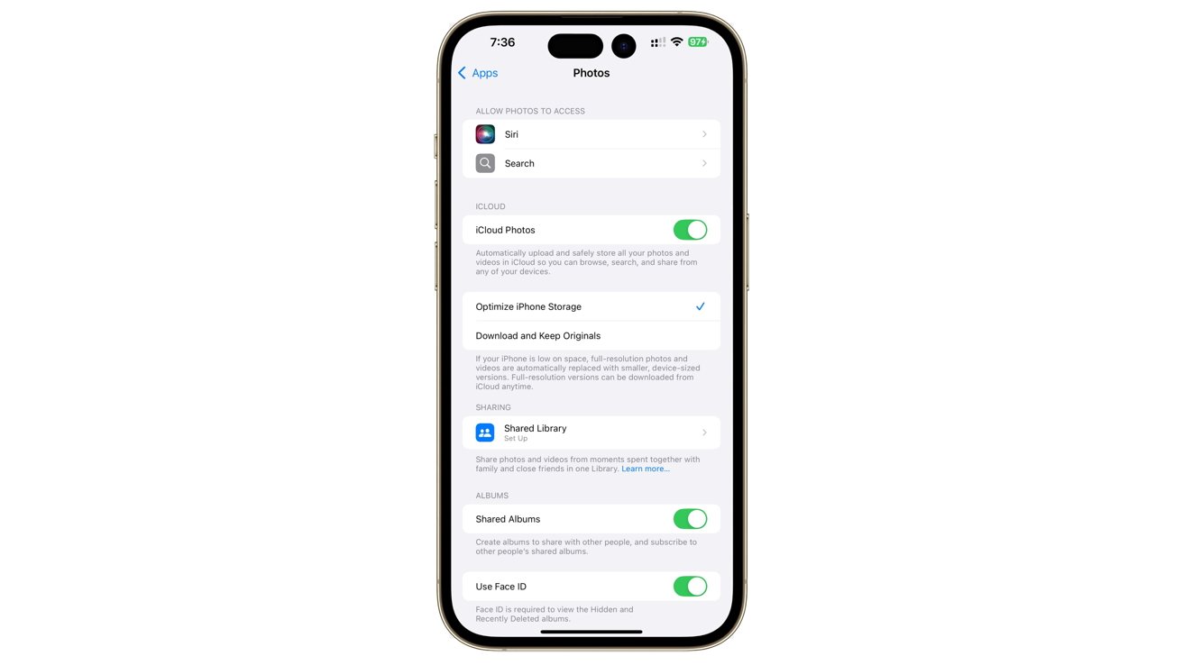 iPhone screen showing Photos settings with options for iCloud Photos, storage optimization, shared libraries, shared albums, and Face ID.