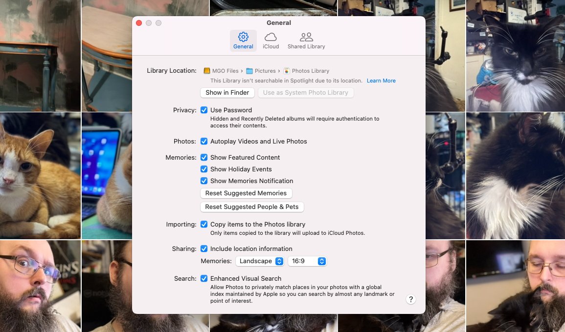 Screenshot of photo management software settings overlaying pictures of cats and a bearded man with glasses.