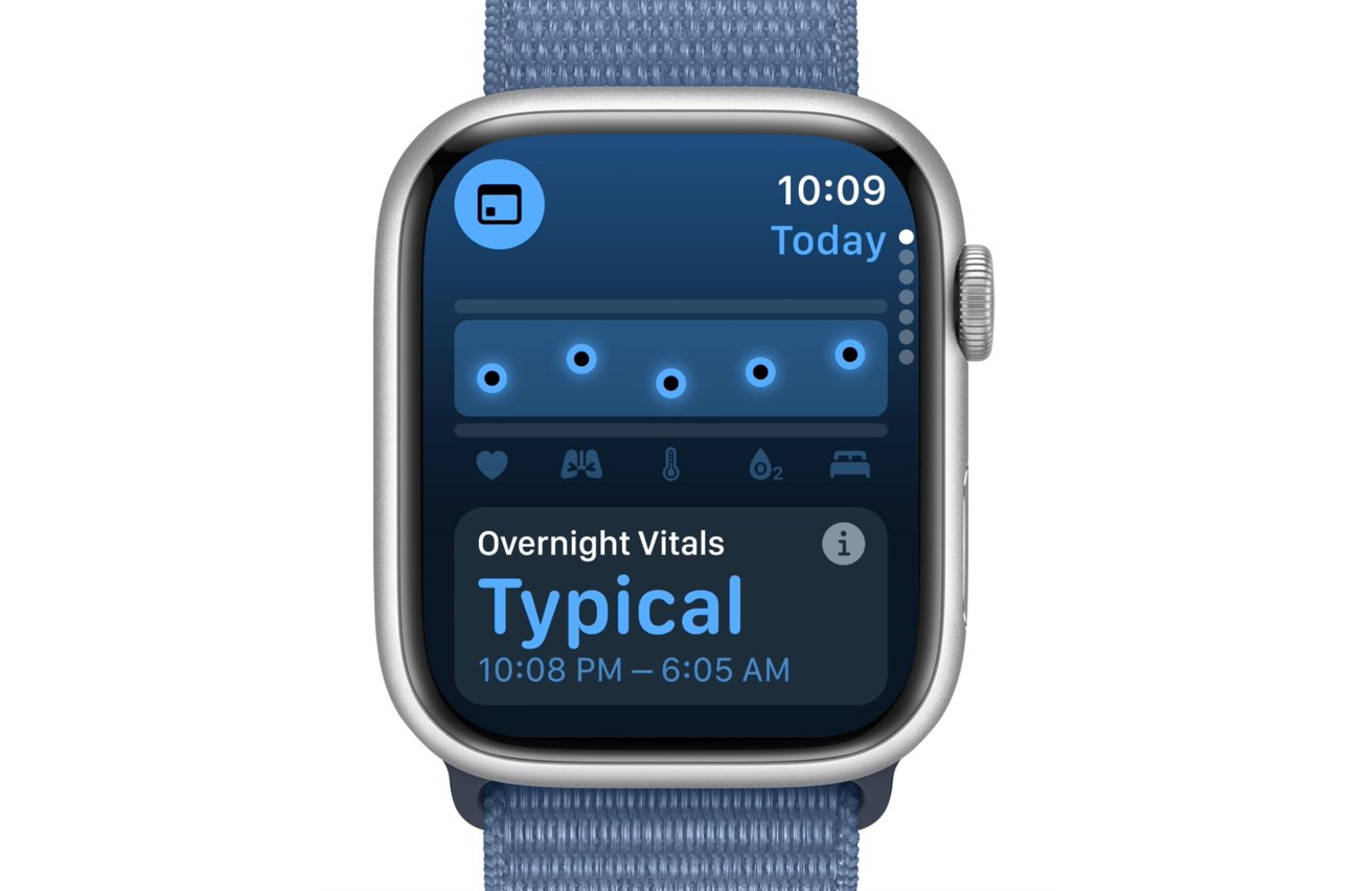 Apple Watch screen showing overnight vitals as typical from 10:08 PM to 6:05 AM, with the time 10:09 visible at the top.