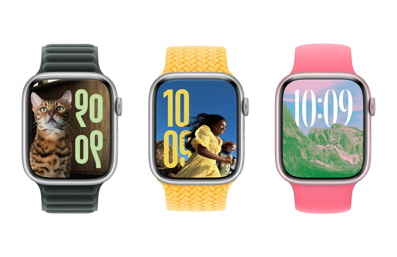 Three Apple Watches display a cat, a woman running with two kids, and a mountain landscape. The bands are green, yellow, and pink.