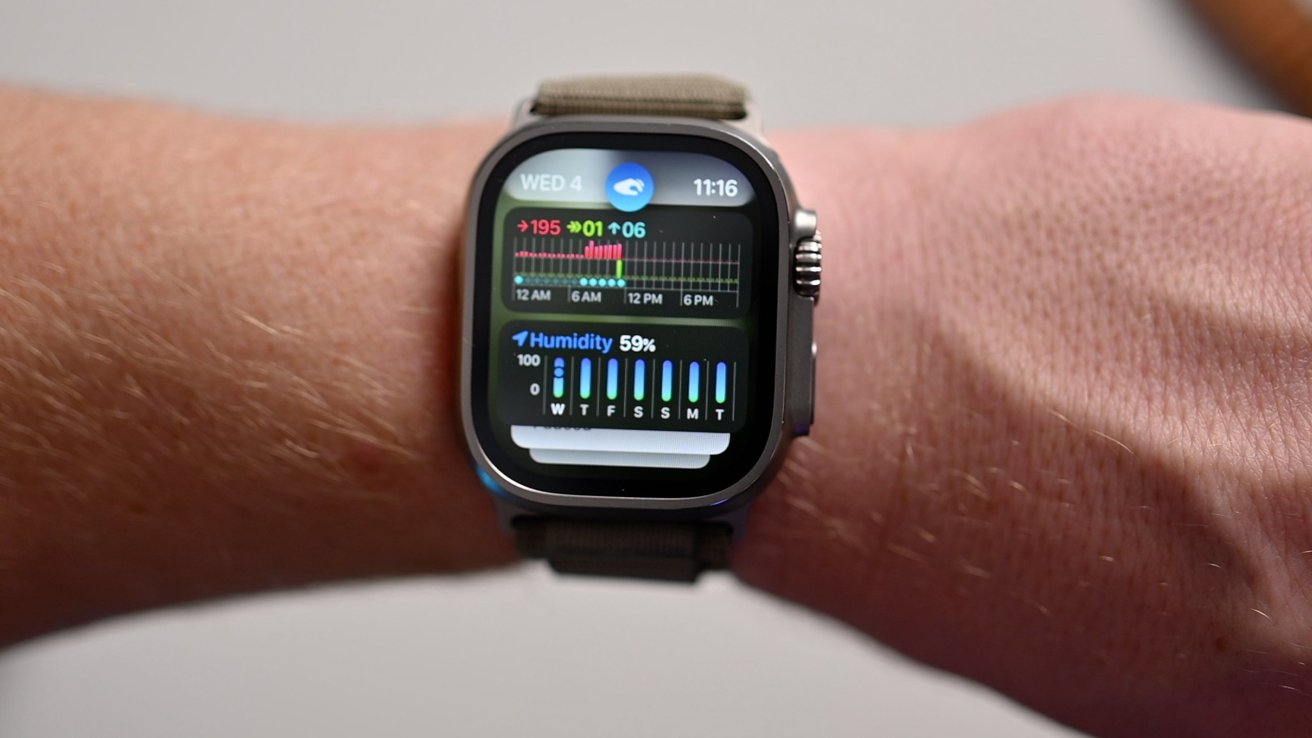 Apple Watch on wrist displaying heart rate data, humidity percentage, and time.