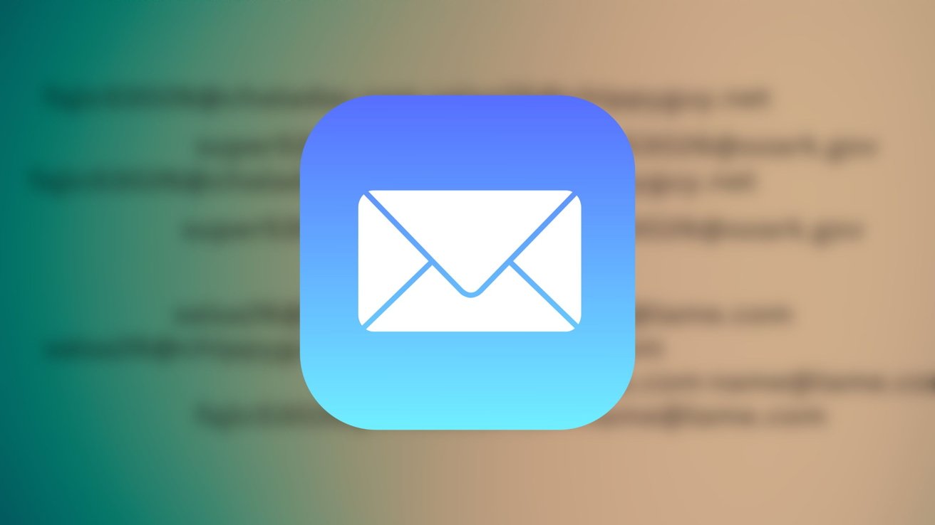 The mail app logo over a green/brown background, blurry text is in the background