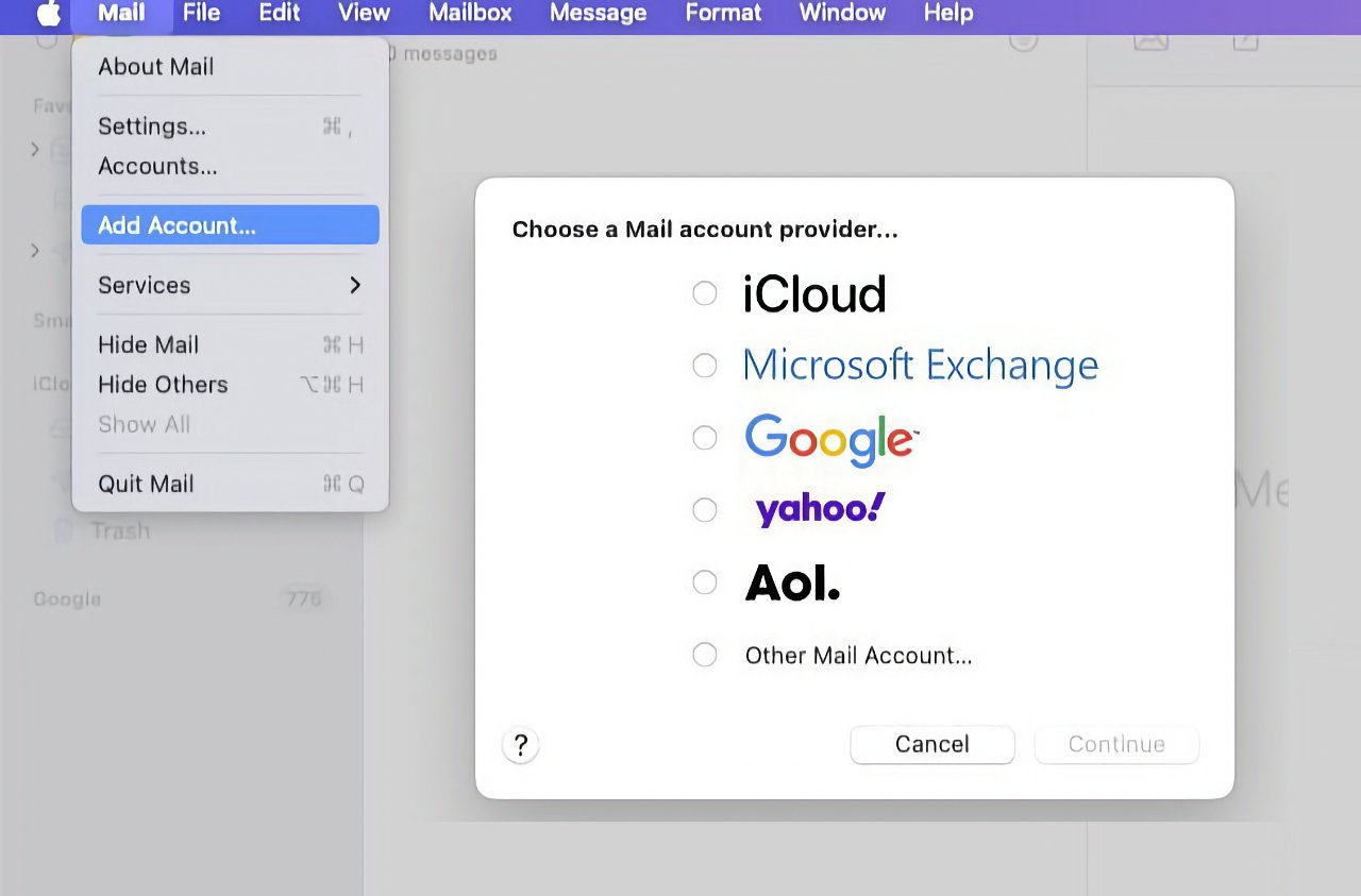 Mail application showing options to add accounts from iCloud, Microsoft Exchange, Google, Yahoo!, AOL, or Other Mail Account. Cancel and Continue buttons are at the bottom.