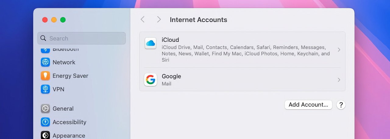 Mac OS settings window showing Internet Accounts, with iCloud and Google accounts listed. Icons for Bluetooth, Network, Energy Saver, and other settings appear on the left.