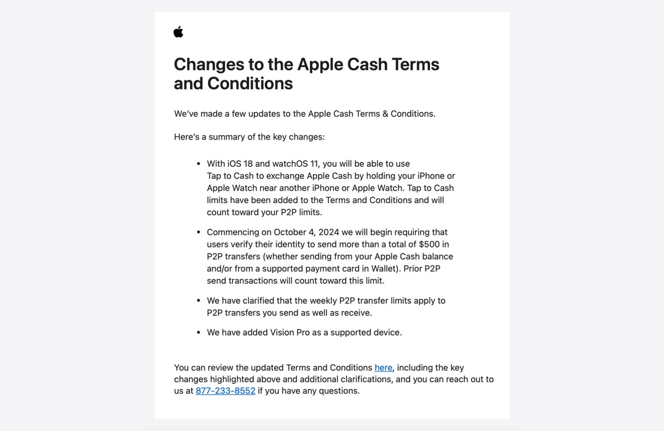 Apple document explaining changes to Apple Cash Terms and Conditions, including new limits for Tap to Cash, verification requirements, P2P transfer limits, and support for Vision Pro.