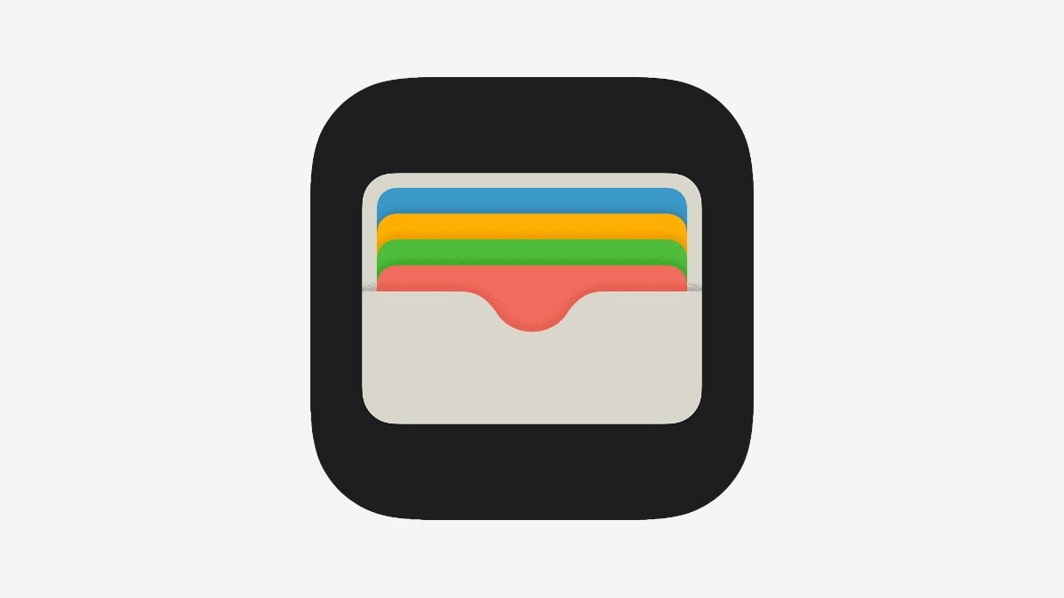 Icon depicting a digital wallet with five colored cards: blue, yellow, green, orange, and red in a pocket. Black rounded square background.