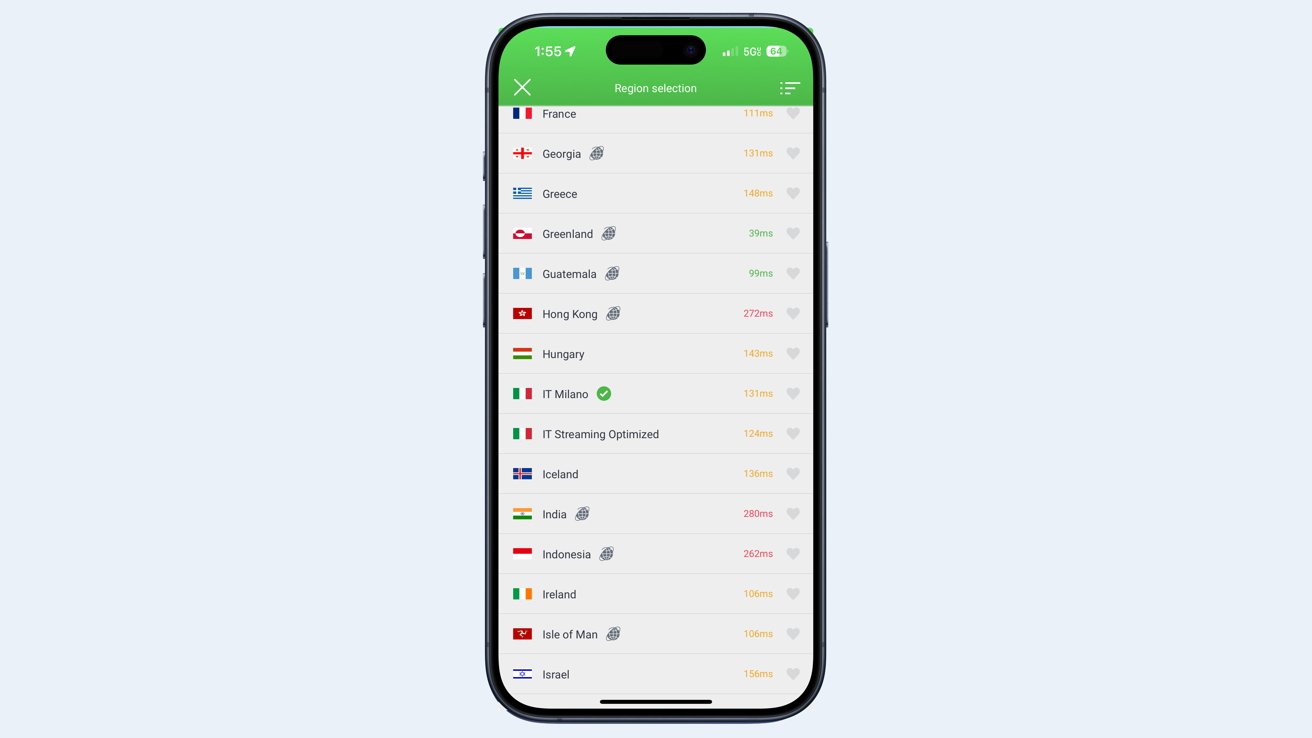 Smartphone displaying a VPN app's region selection list with flags, country names, response times, and a favorite icon beside each entry.