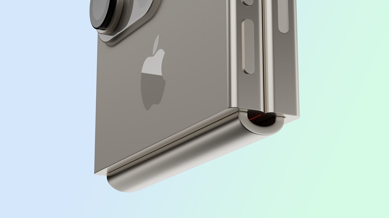 Close-up of an unfolded smartphone with a prominent camera lens and a visible light grey apple logo on its back.