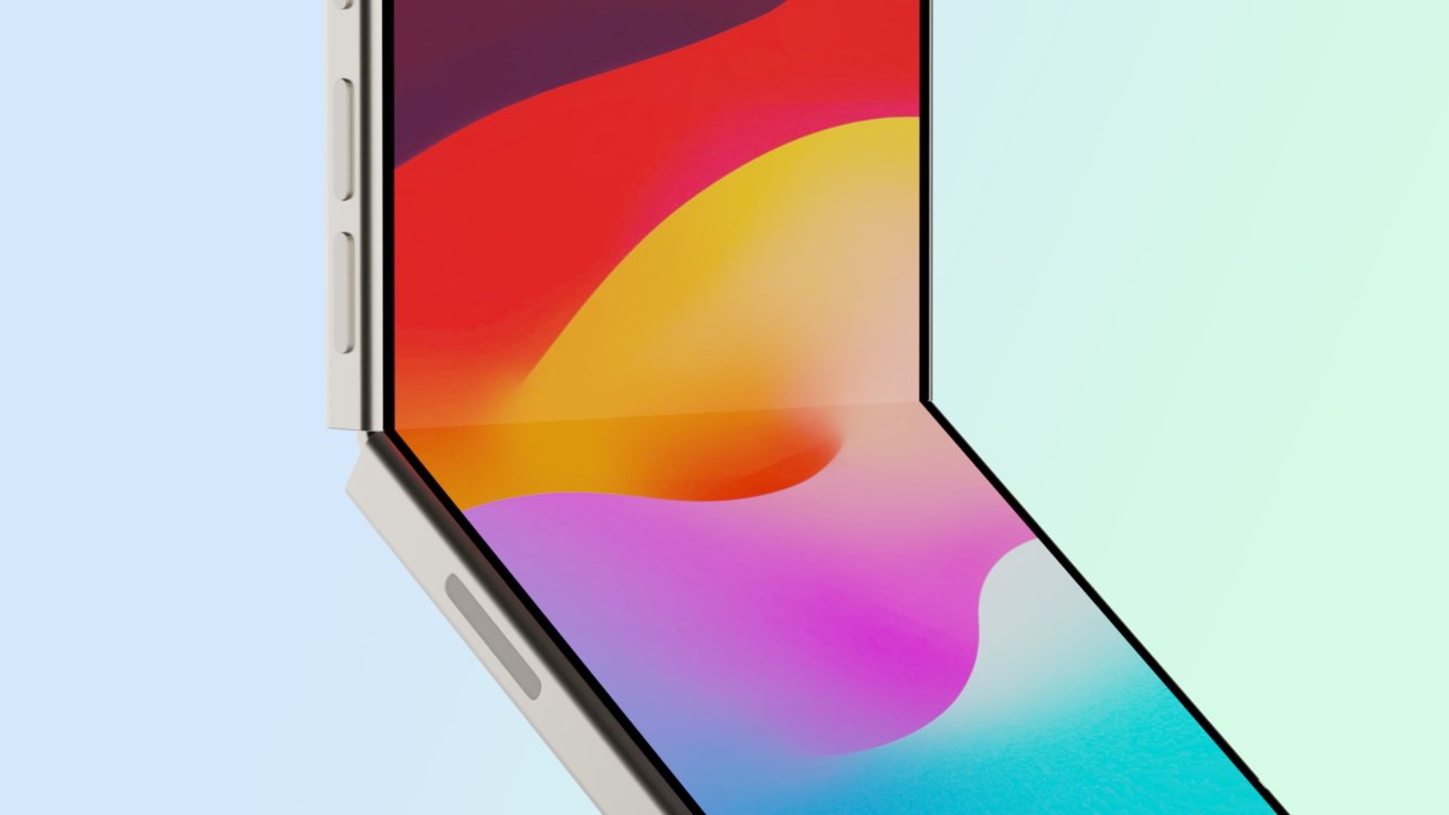 Foldable smartphone with a colorful screen displaying abstract shapes, partially open against a light blue background.